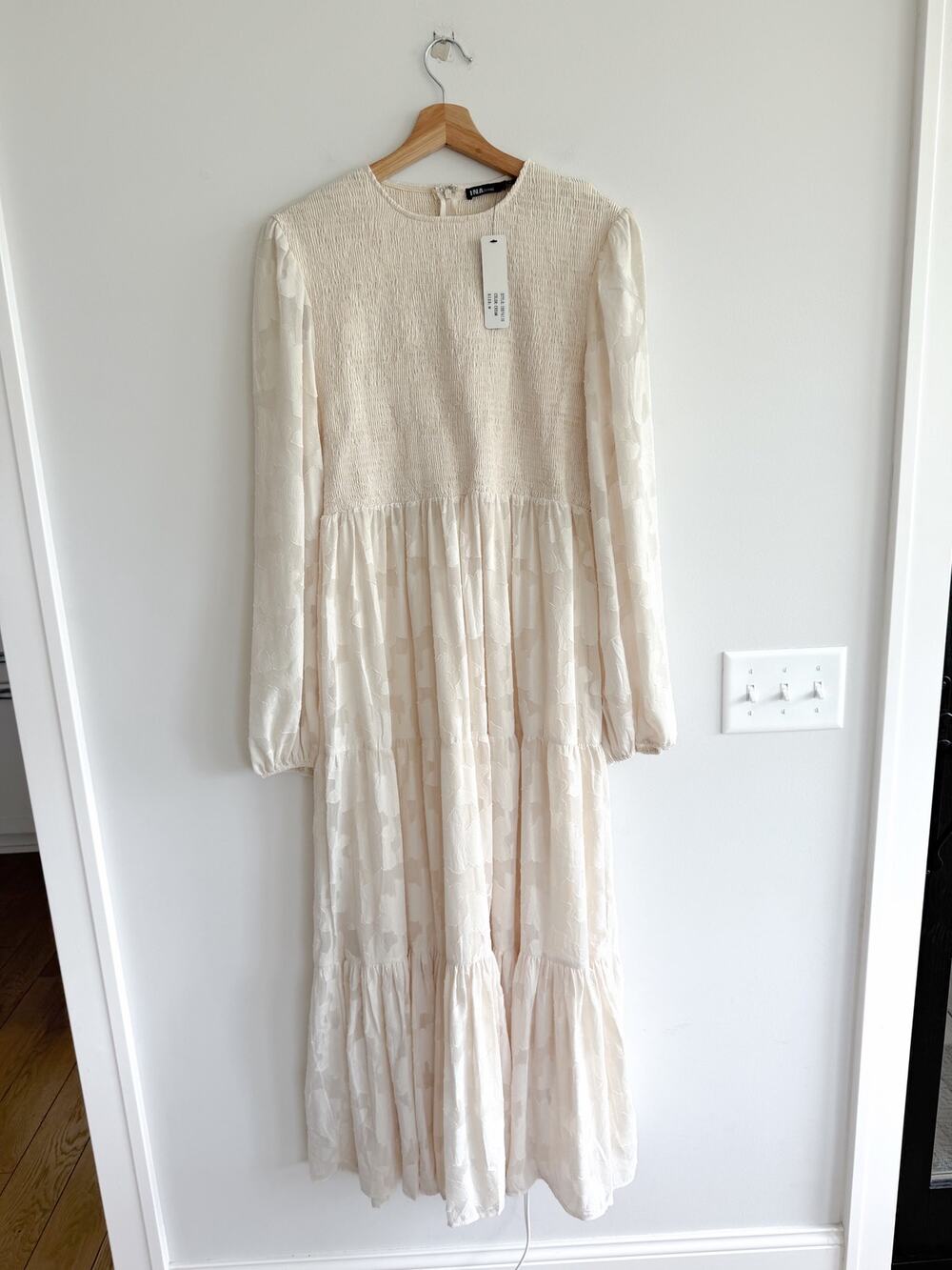 INA Floral Pattern Long Sleeve Smocked Tiered Maxi Dress Cream M NWT
